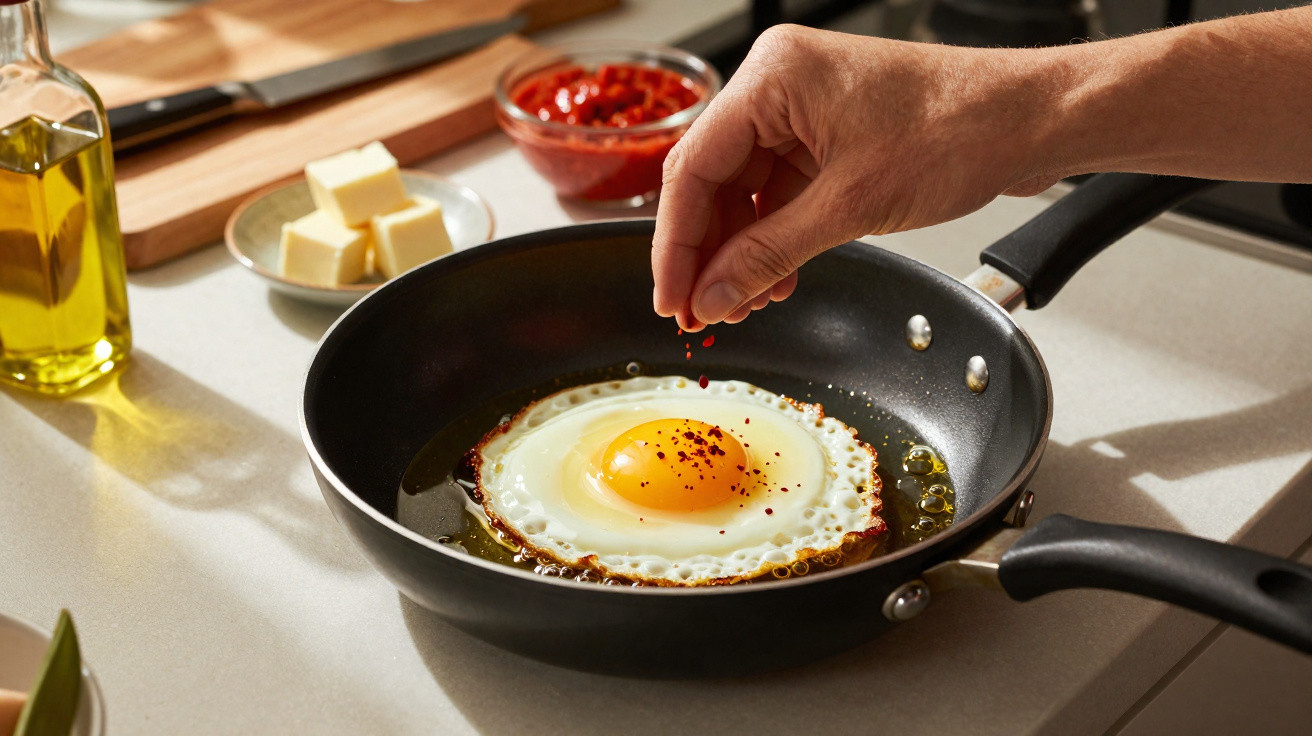 Frango a ser temperado com pimenta numa frigideira enquanto está a cozinhar com óleo e manteiga na bancada.