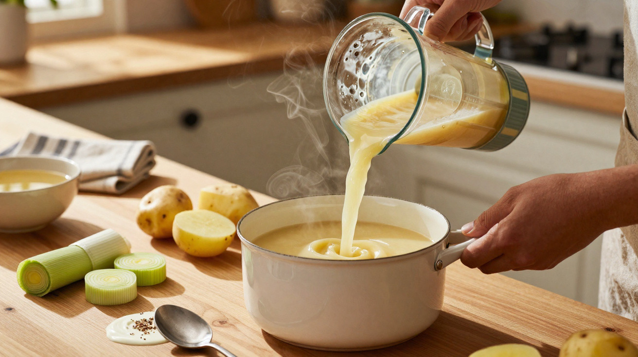 Pessoa a verter creme quente de legumes num tacho numa cozinha com batatas e alho-francês numa bancada de madeira.