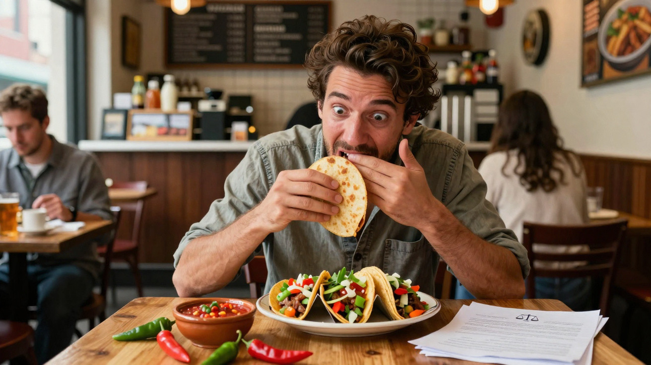 Homem entusiasmado a comer tacos numa tasca com pimentos e molho sobre a mesa de madeira.