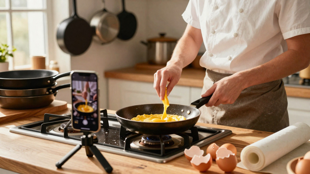 Pessoa a cozinhar omelete numa frigideira enquanto grava com telemóvel na cozinha.