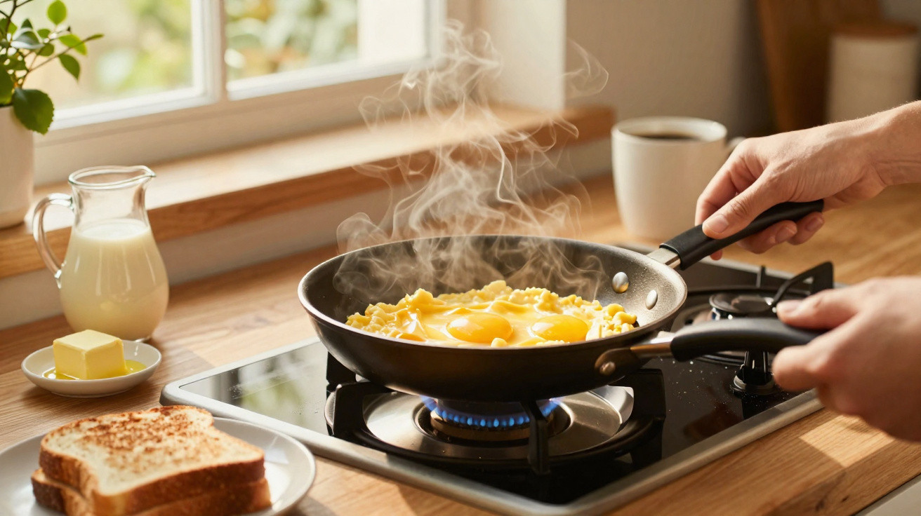 Ovos a fritar numa frigideira com vapor, ao lado de leite, manteiga e torradas numa cozinha iluminada.
