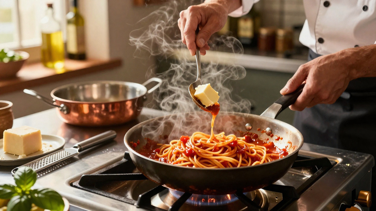 Cozinheiro adiciona manteiga a esparguete com molho de tomate numa frigideira fumegante ao fogão.