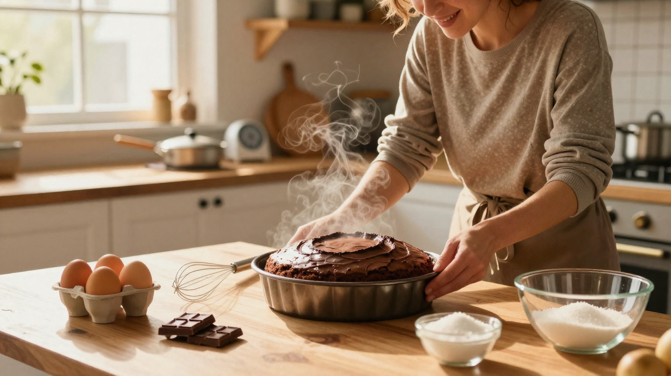 Mulher a retirar bolo quente de chocolate do forno numa cozinha luminosa e acolhedora.