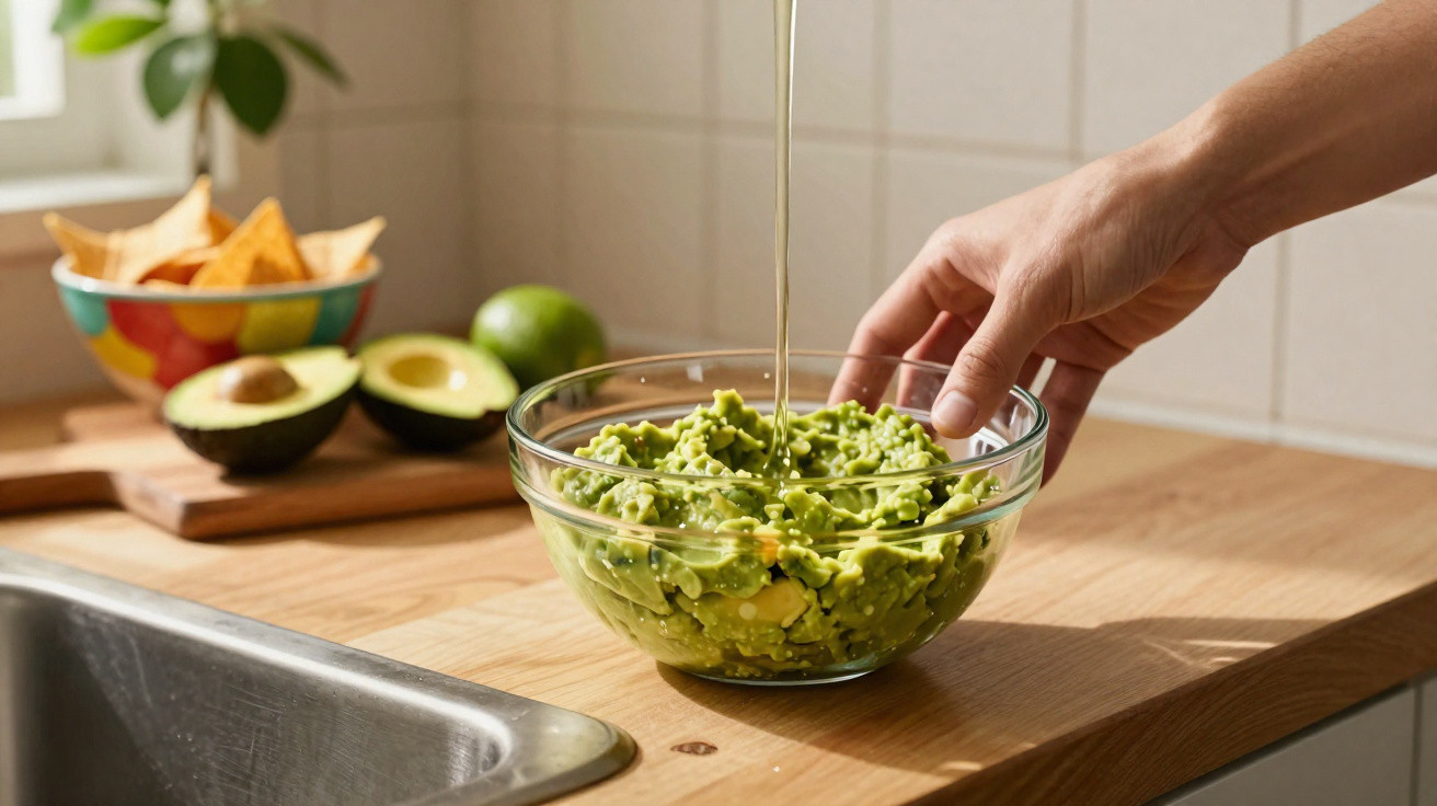 Mão a deitar azeite numa taça de vidro com guacamole numa cozinha luminosa com abacate cortado e uma taça de nachos.
