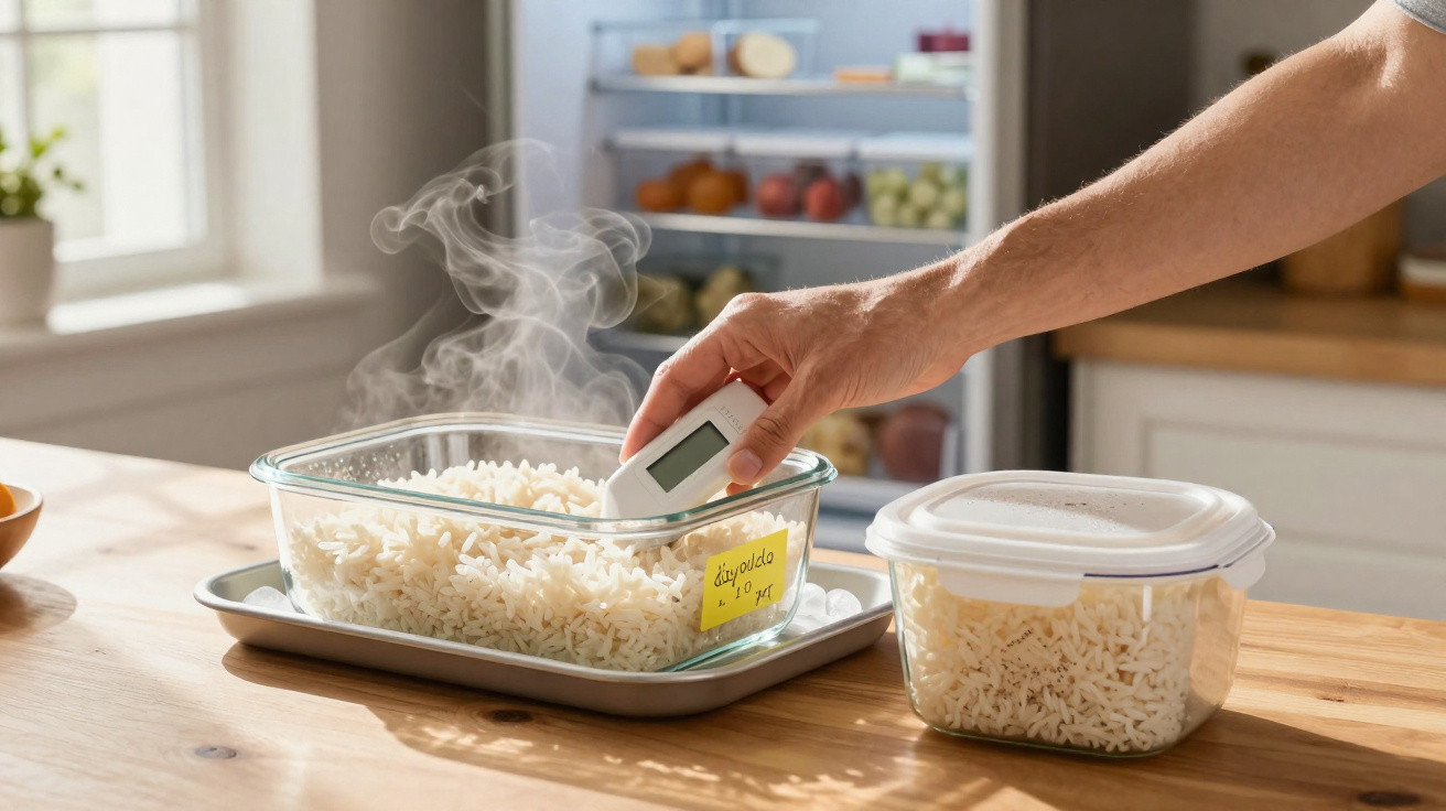 Mão a medir a temperatura do arroz recém-cozido num recipiente de vidro numa cozinha iluminada.
