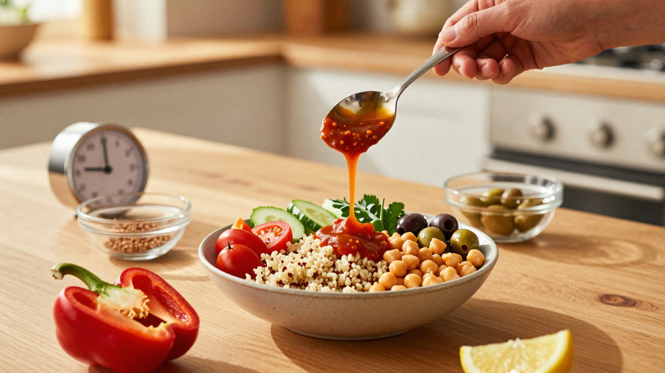Mão a colocar molho de tomate numa salada com quinoa, grão, tomate, pepino, azeitonas e coentros numa cozinha moderna.