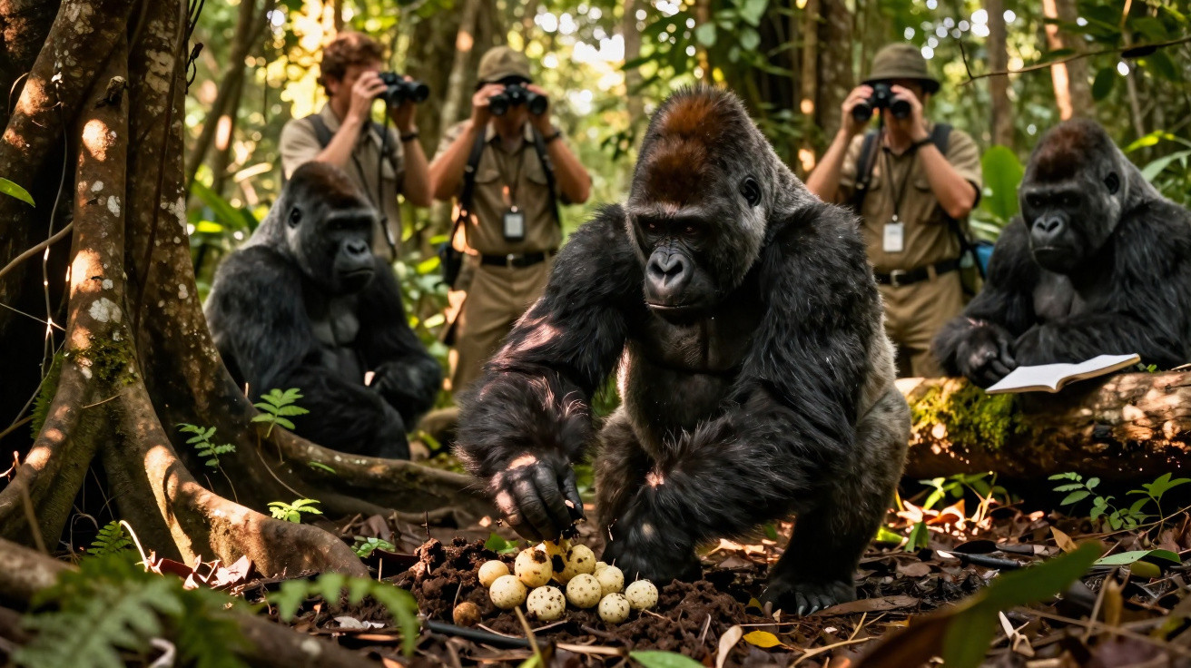 Gorilas na floresta com três observadores ao fundo a fotografar, um gorila manipula ovos no solo.