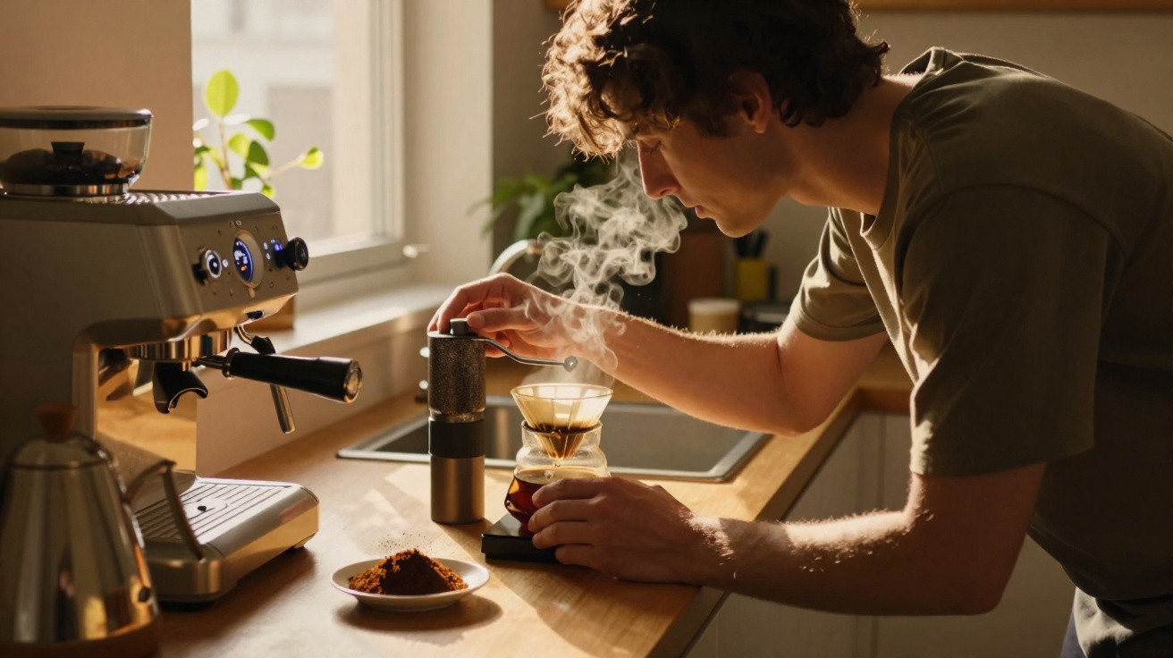 Homem prepara café de filtro na cozinha, com luz natural e vapor a subir da chávena.