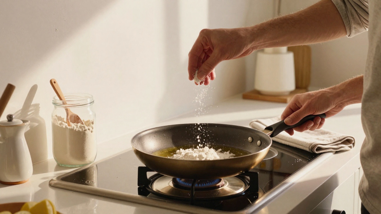 Mãos polvilhando farinha numa frigideira com óleo numa placa de fogão a gás numa cozinha moderna.