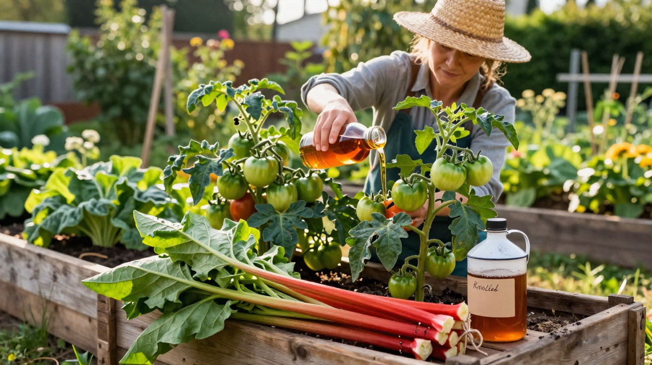 Mulher a cuidar de plantas de tomate com tratamento orgânico num jardim elevado em dia soalheiro.