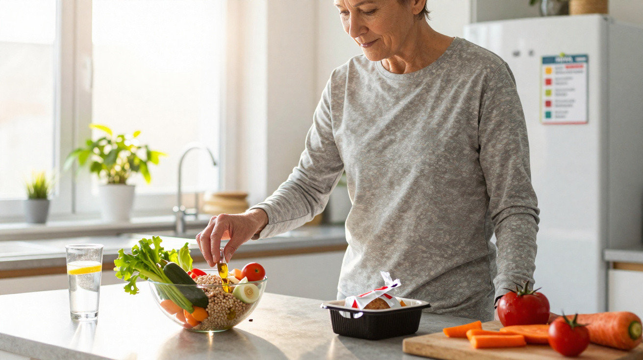 Mulher a preparar salada com legumes frescos numa cozinha luminosa, com água com limão e alimentos na bancada.