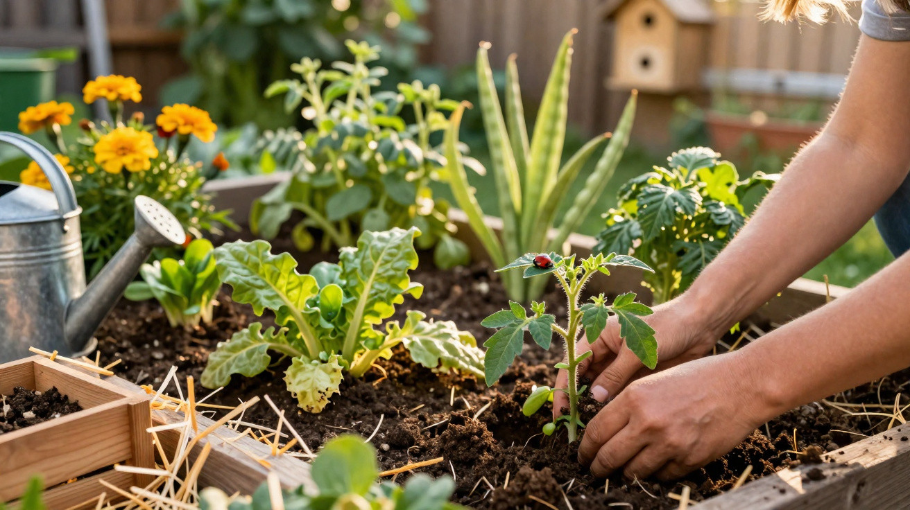 Mãos a plantar uma muda de tomate num canteiro com regador, flores amarelas e outras plantas ao fundo.
