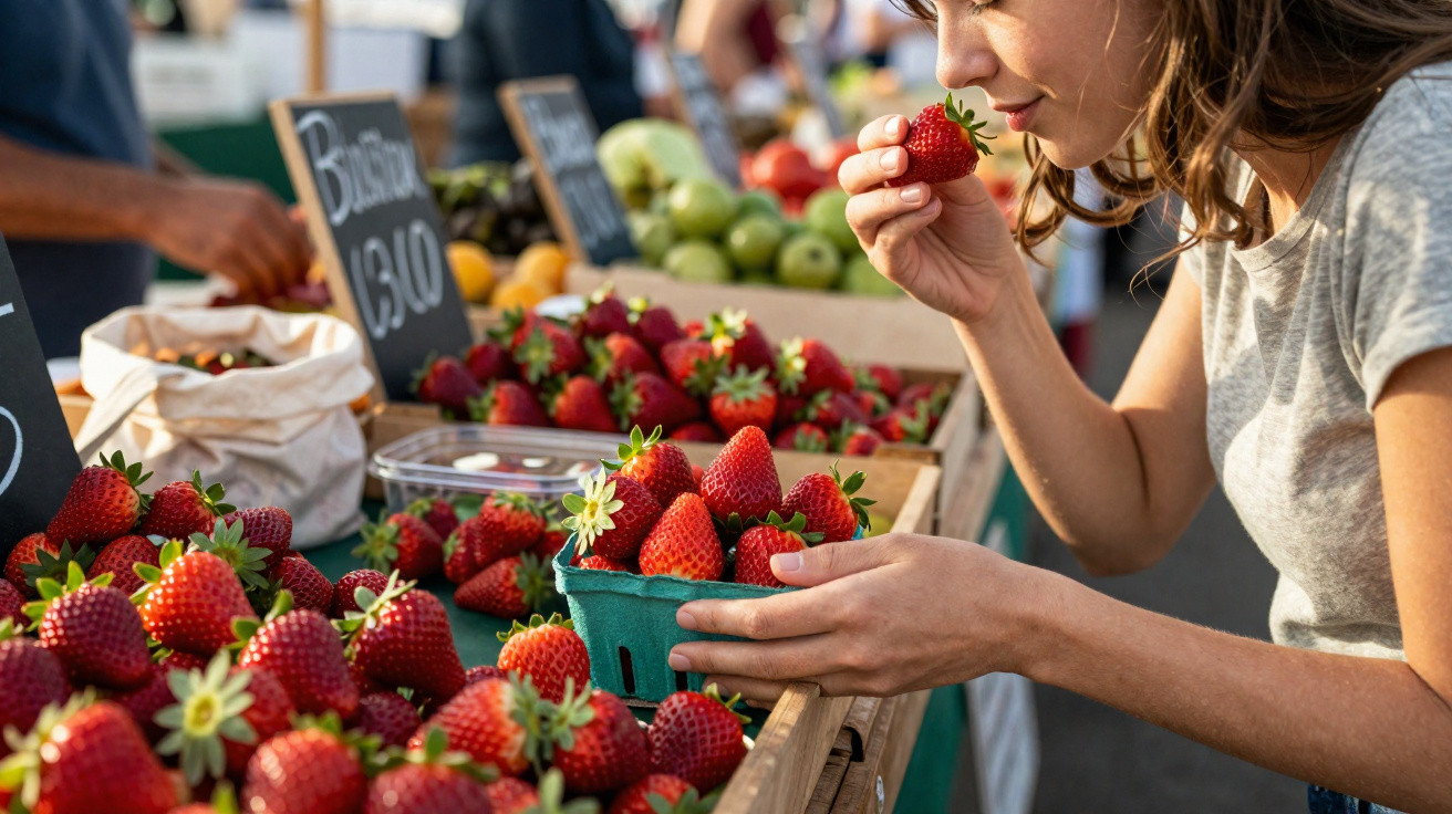 Mulher cheira morango numa banca de mercado ao ar livre cheia de frutas frescas.
