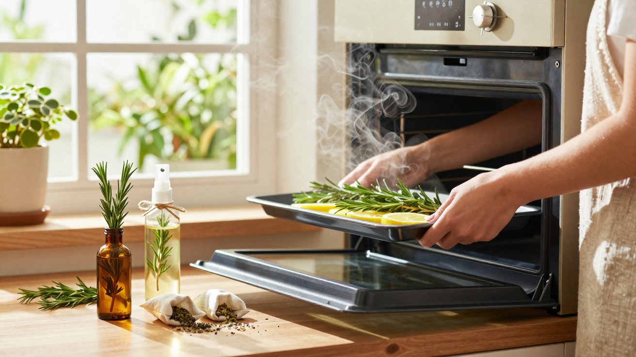 Pessoa a retirar um tabuleiro com ervas aromáticas e rodelas de limão do forno numa cozinha iluminada.