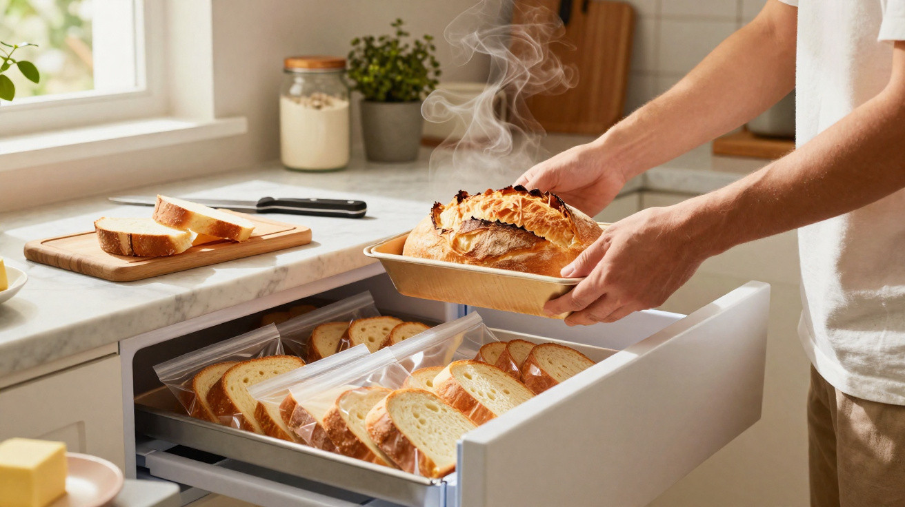 Pessoa a guardar pão acabado de fazer numa gaveta com sacos plásticos fechados com fatias de pão na cozinha.
