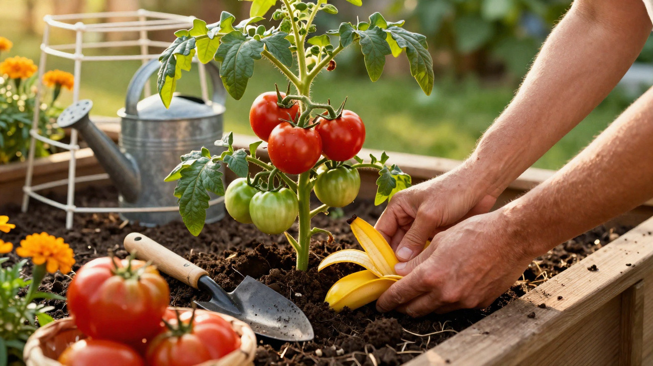 Pessoa a cultivar tomates numa horta elevada, com regador, espátula e bananas a serem plantadas.