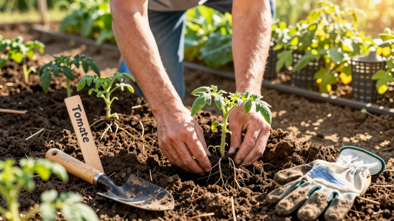 Pessoa a plantar uma muda de tomate num jardim com ferramenta e luvas ao lado.