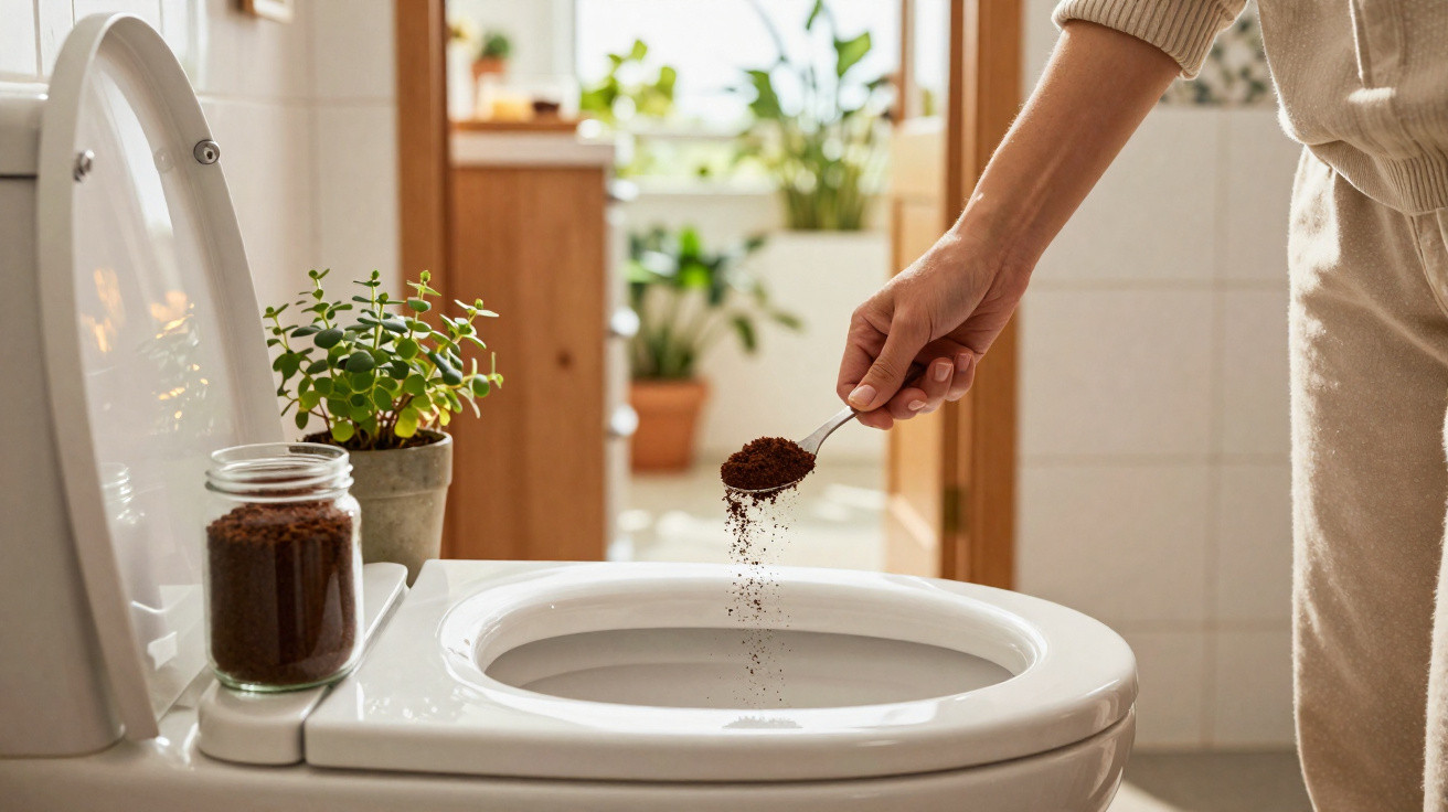 Pessoa a deitar borra de café na sanita numa casa de banho com plantas.