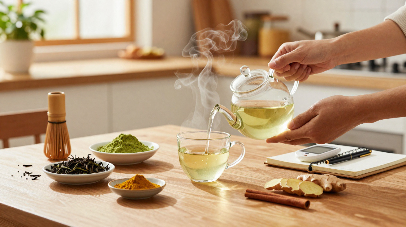 Pessoa a servir chá quente num bule de vidro, com especiarias e utensílios para chá sobre a mesa.