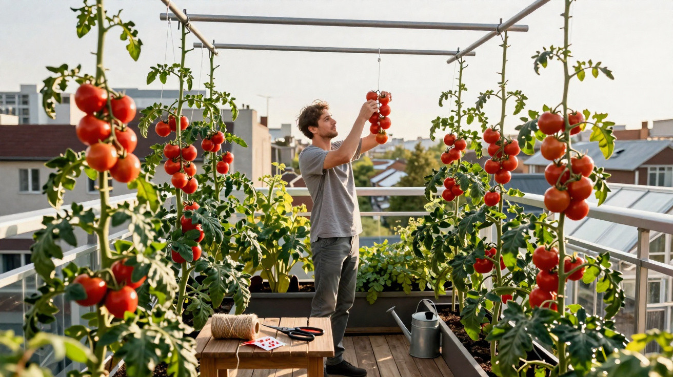 Homem a colher tomates maduros numa varanda com várias plantas e utensílios de jardinagem.