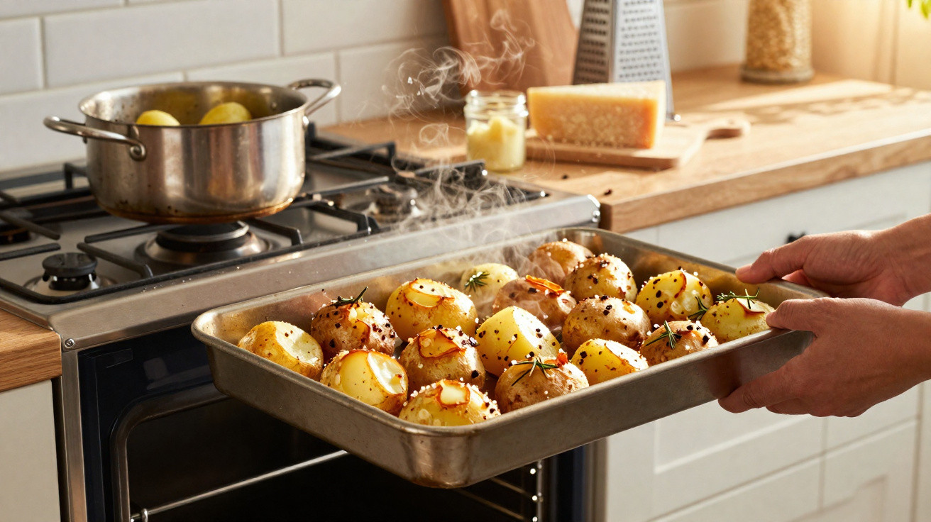 Mãos a retirar tabuleiro com batatas assadas fumegantes de forno numa cozinha moderna.
