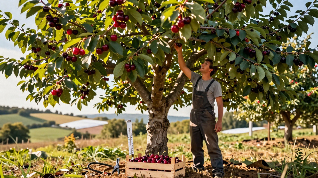 Homem a apanhar cerejas em árvore frutífera, com cesta cheia e campo ao fundo em dia ensolarado.