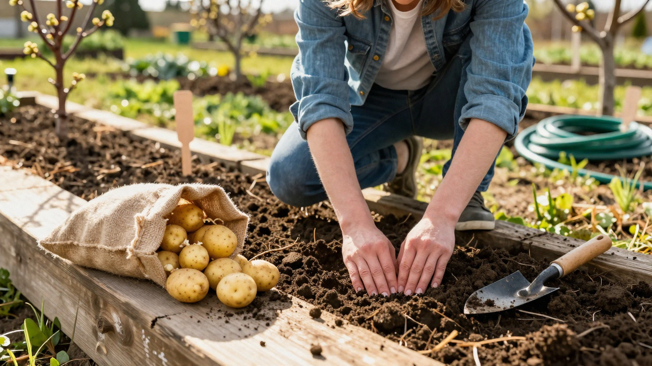 Pessoa a plantar batatas em jardim com saco de batatas e enxada ao lado.
