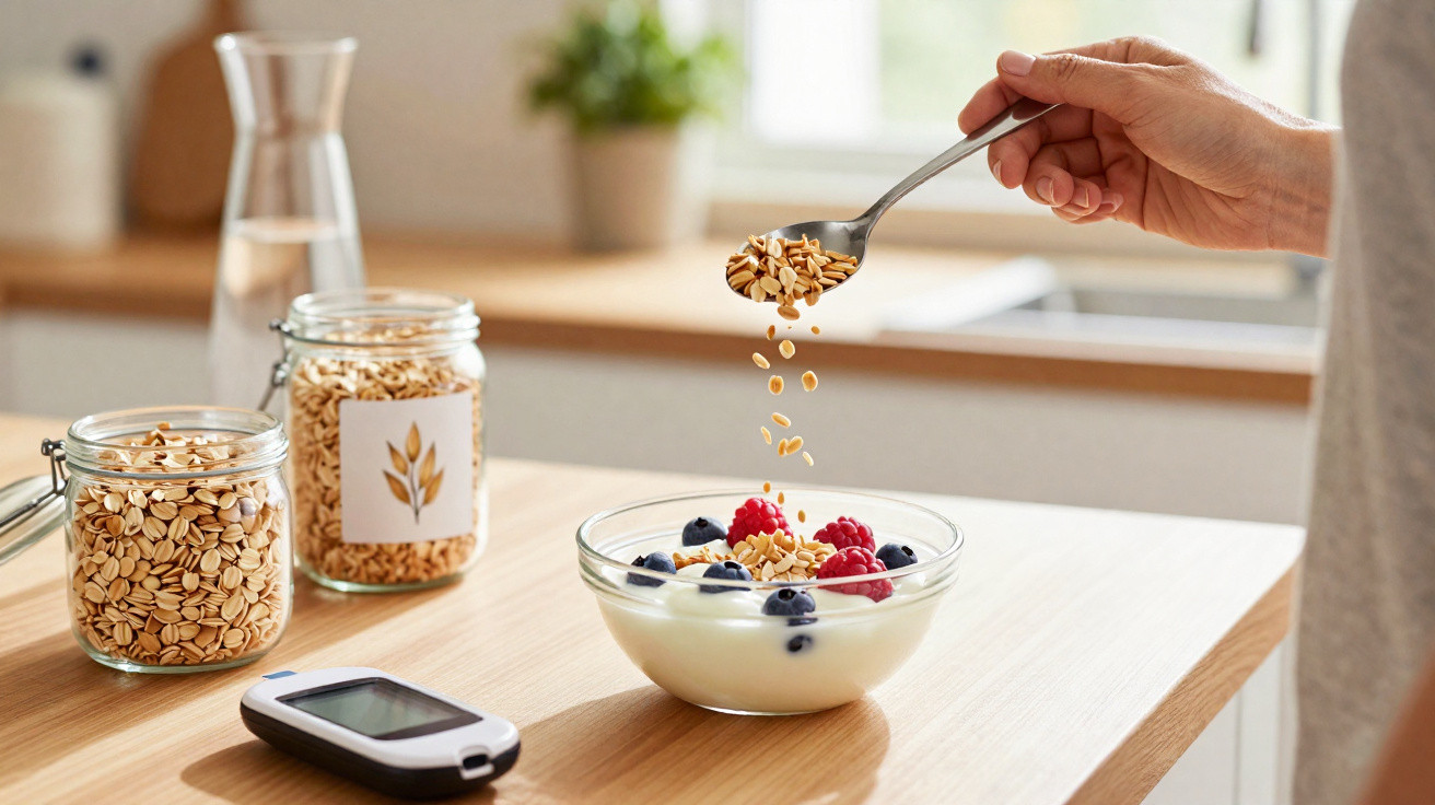 Pessoa a colocar granola numa tigela de iogurte com frutos vermelhos numa cozinha moderna.