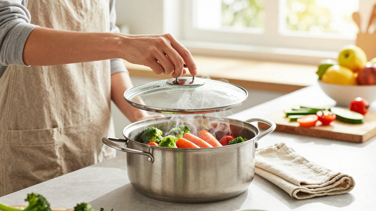 Pessoa a levantar tampa de panela com legumes a cozinhar, incluindo cenouras, brócolos e tomates.