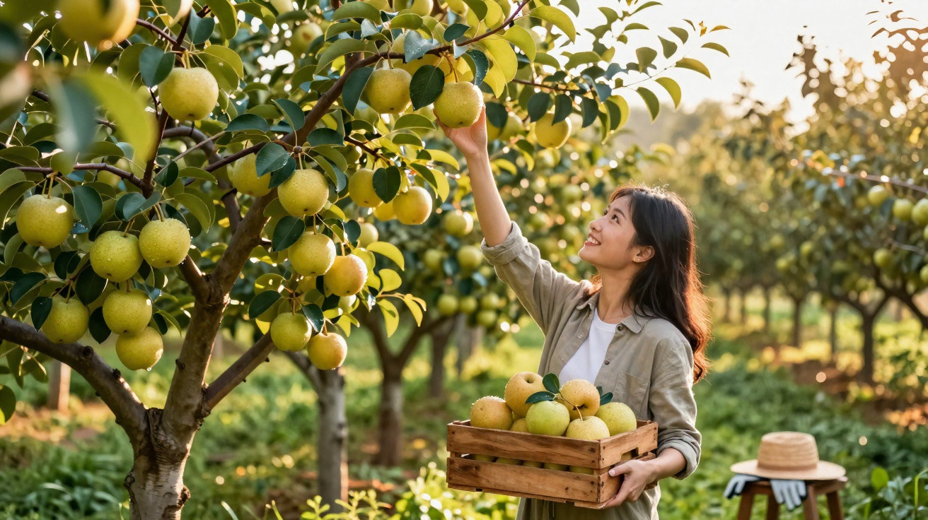 Mulher a apanhar frutos amarelos num pomar, segurando uma caixa de madeira cheia de frutas.