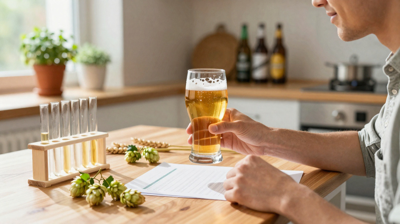 Pessoa segurando copo de cerveja numa mão com tubos de ensaio e lúpulo numa mesa de madeira.