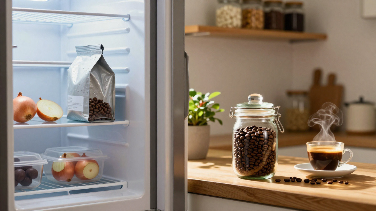 Frigorífico parcialmente aberto com cebolas e pacote de café, ao lado jarra de café em grão e chávena de café fumegante na ba