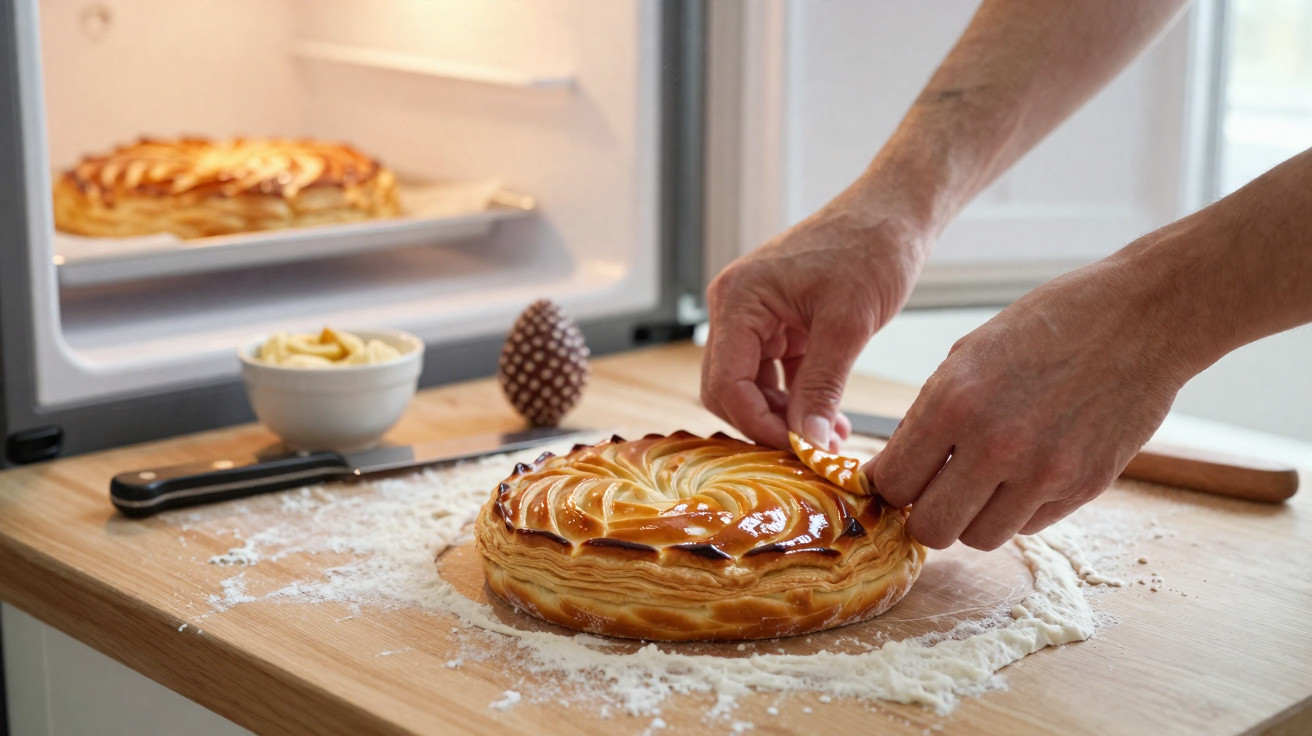 Mãos a decorar uma torta dourada numa bancada de cozinha com farinha e utensílios, forno ao fundo.