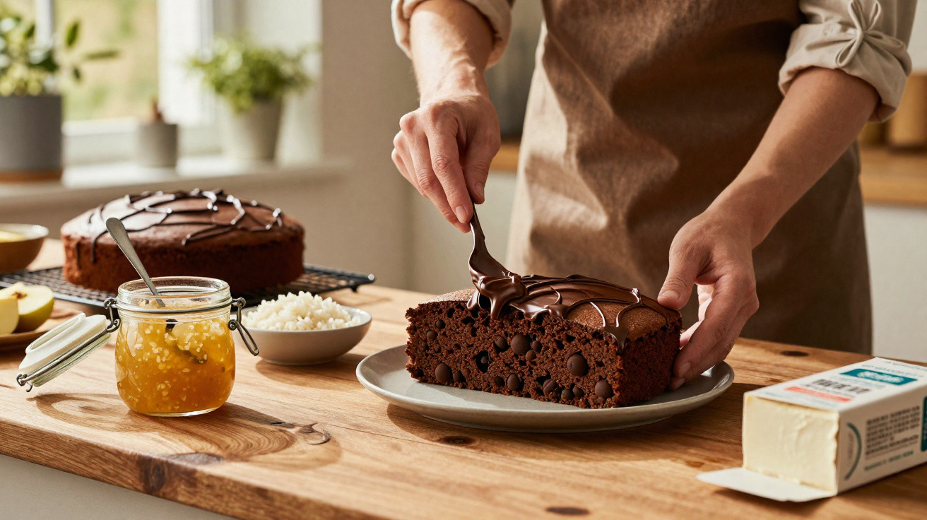 Pessoa a cobrir bolo de chocolate com cobertura de chocolate numa cozinha iluminada.