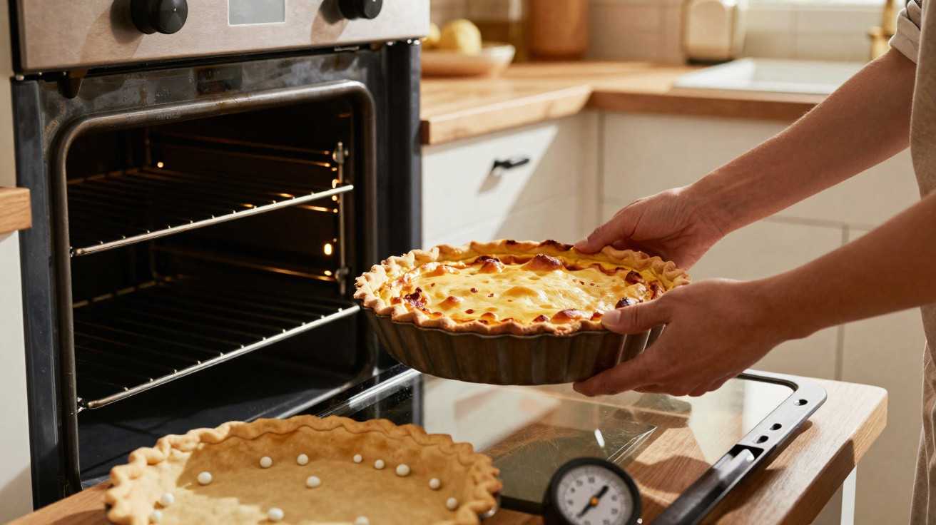 Pessoa a colocar tarte caseira pronta no forno numa cozinha luminosa e organizada.
