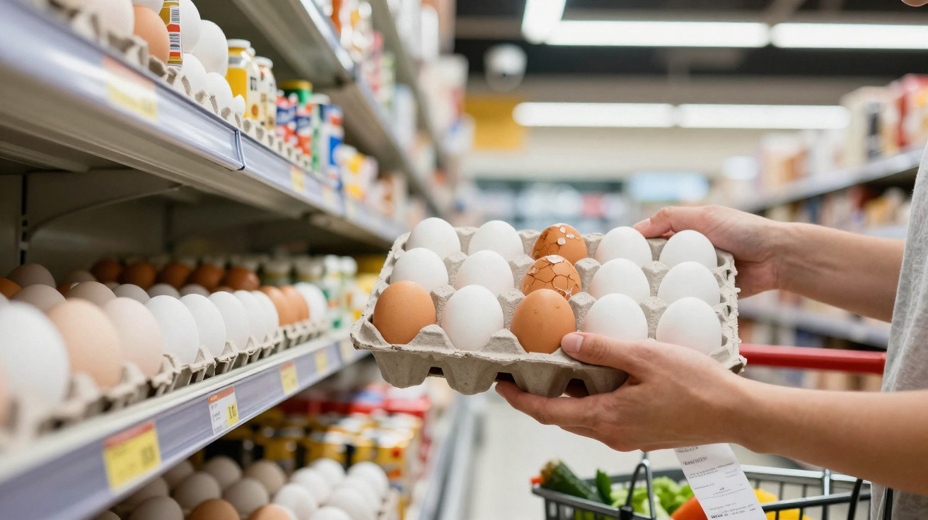 Pessoa a segurar embalagem de ovos, incluindo alguns partidos, em prateleira de supermercado.
