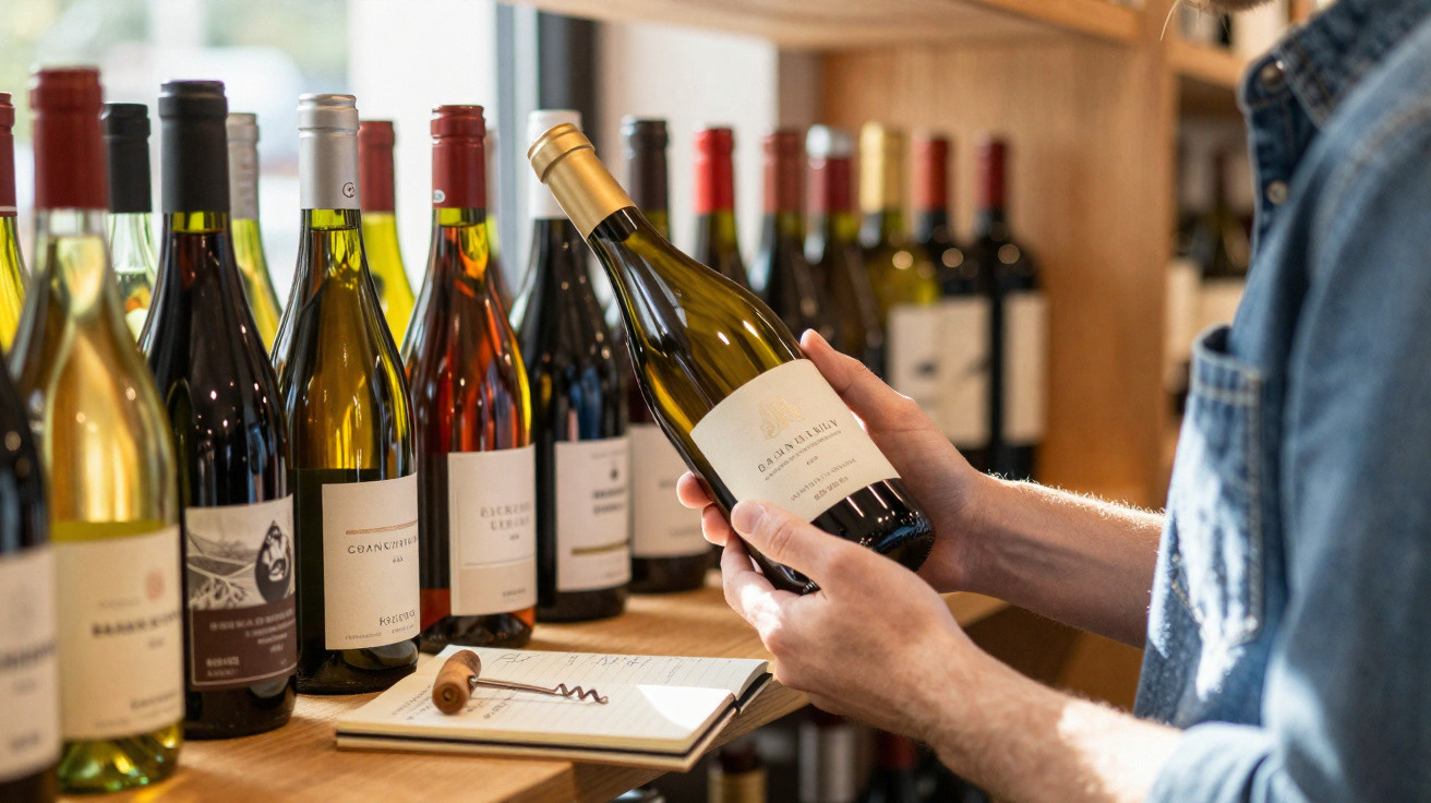 Pessoa a segurar uma garrafa de vinho branco numa loja com várias garrafas alinhadas numa prateleira.