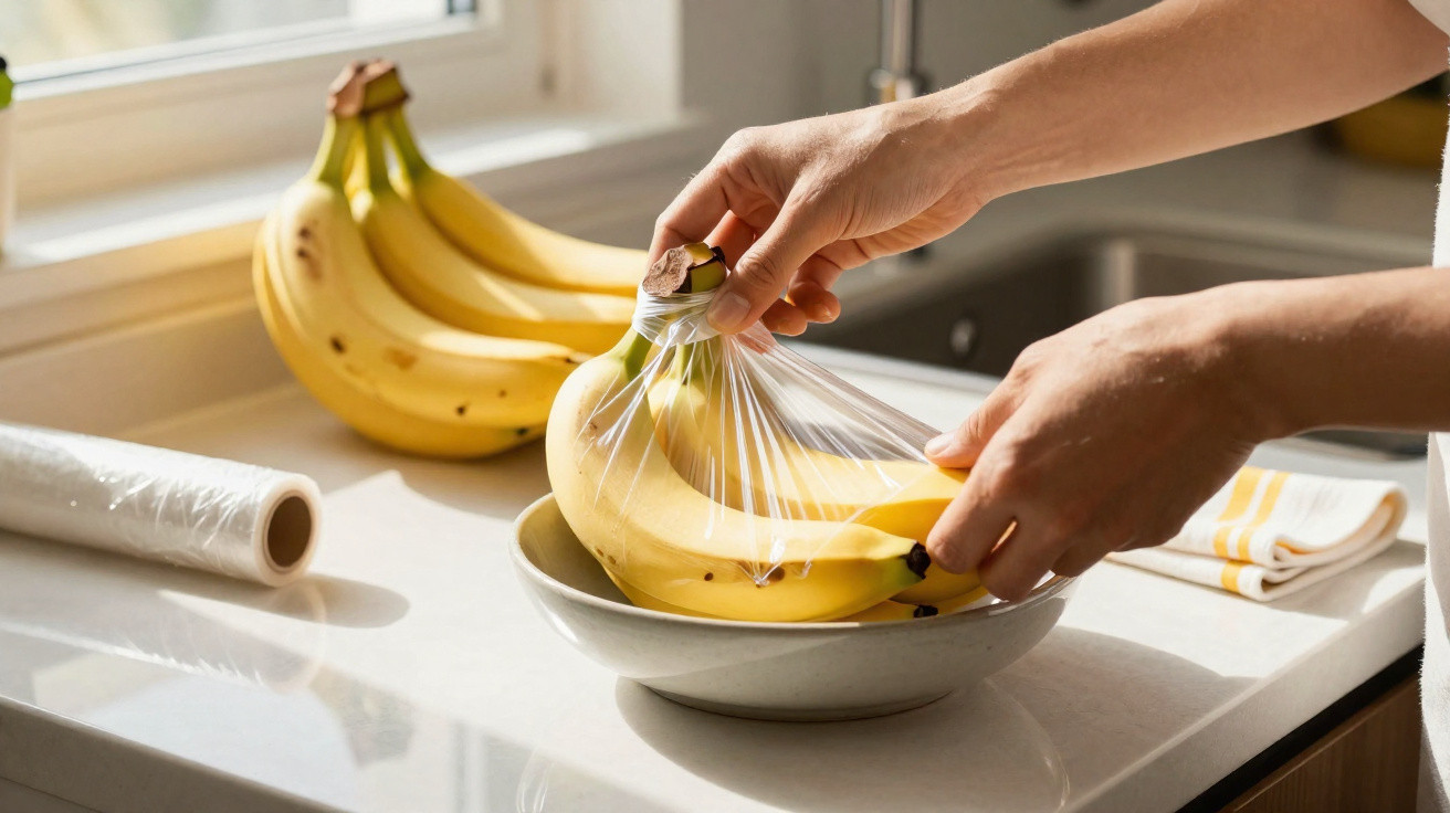 Mãos a embrulhar cachos de bananas com película aderente numa cozinha iluminada.