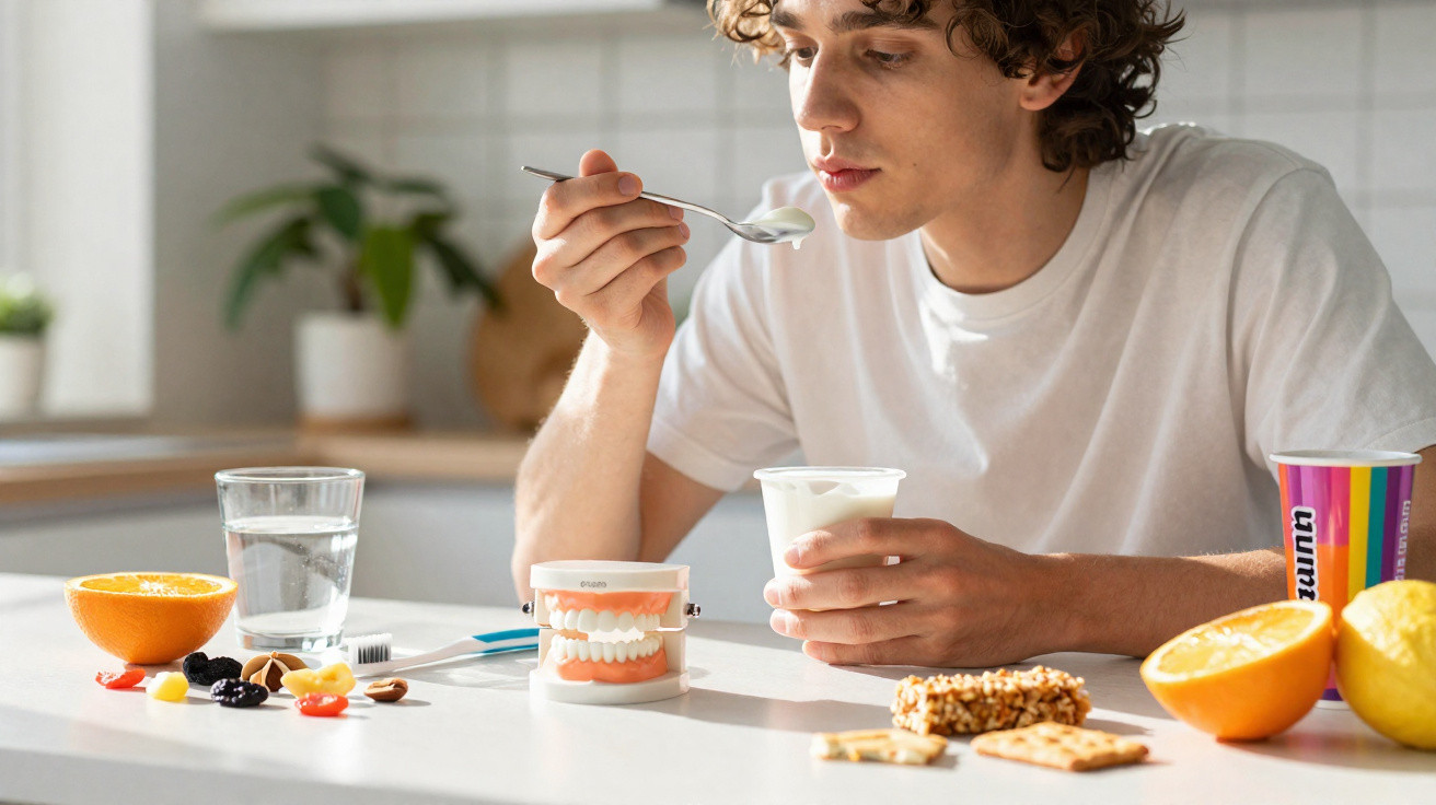 Homem jovem a comer iogurte sentado numa cozinha moderna com frutas e snacks na mesa.