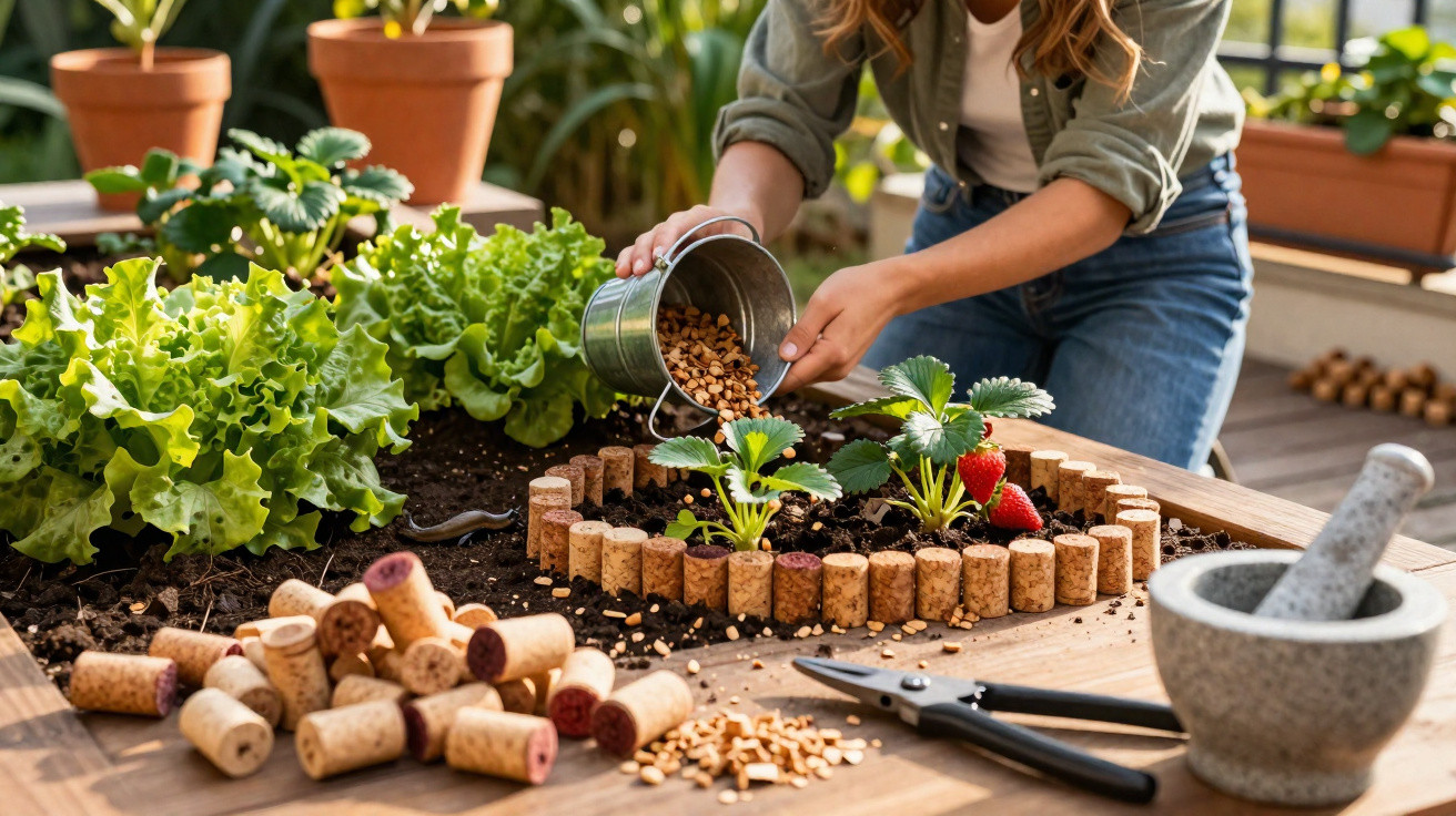 Pessoa a alimentar plantas numa horta urbana com morangos rodeada de rolhas de cortiça.