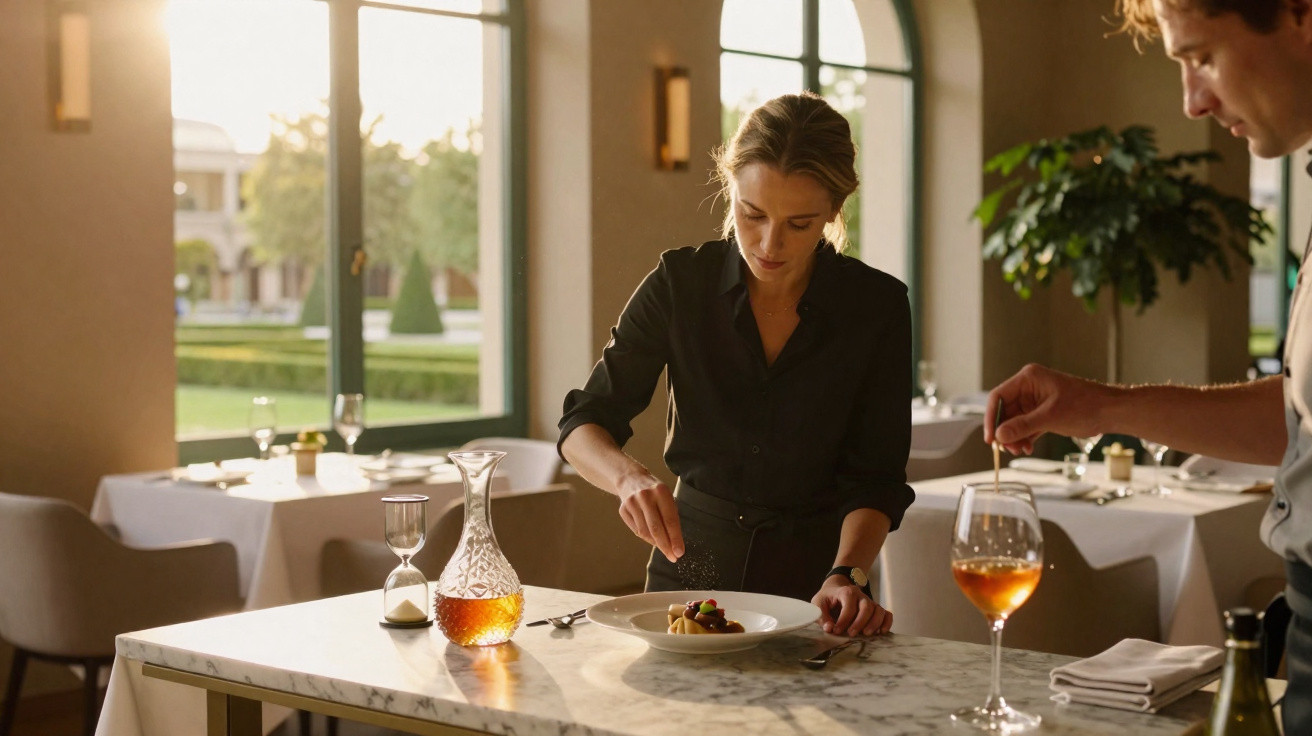 Mulher a temperar prato num restaurante elegante com luz natural, ao lado de homem a decorar comida.
