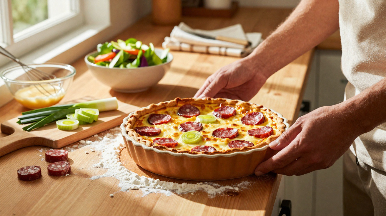 Pessoa a colocar tarte de queijo com chouriço e alho francês numa bancada de madeira com ingredientes e salada ao fundo.