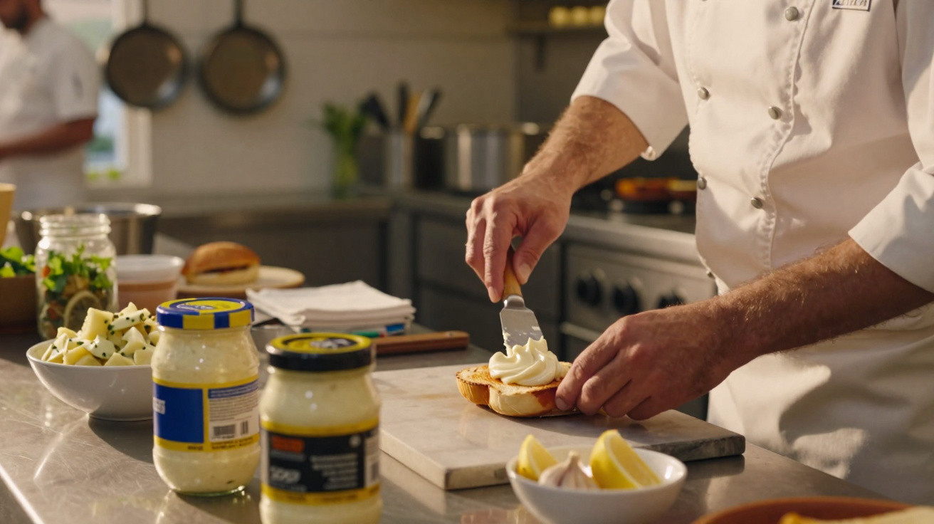 Chefe a espalhar maionese numa sandes aberta numa cozinha profissional com ingredientes ao redor.