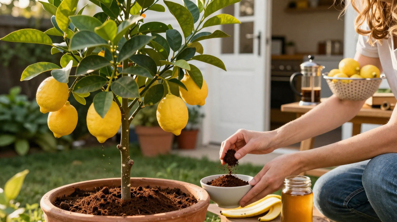 Pessoa a cultivar limoeiro em vaso num jardim, segurando terra num recipiente branco, com jarro de mel e bananas.
