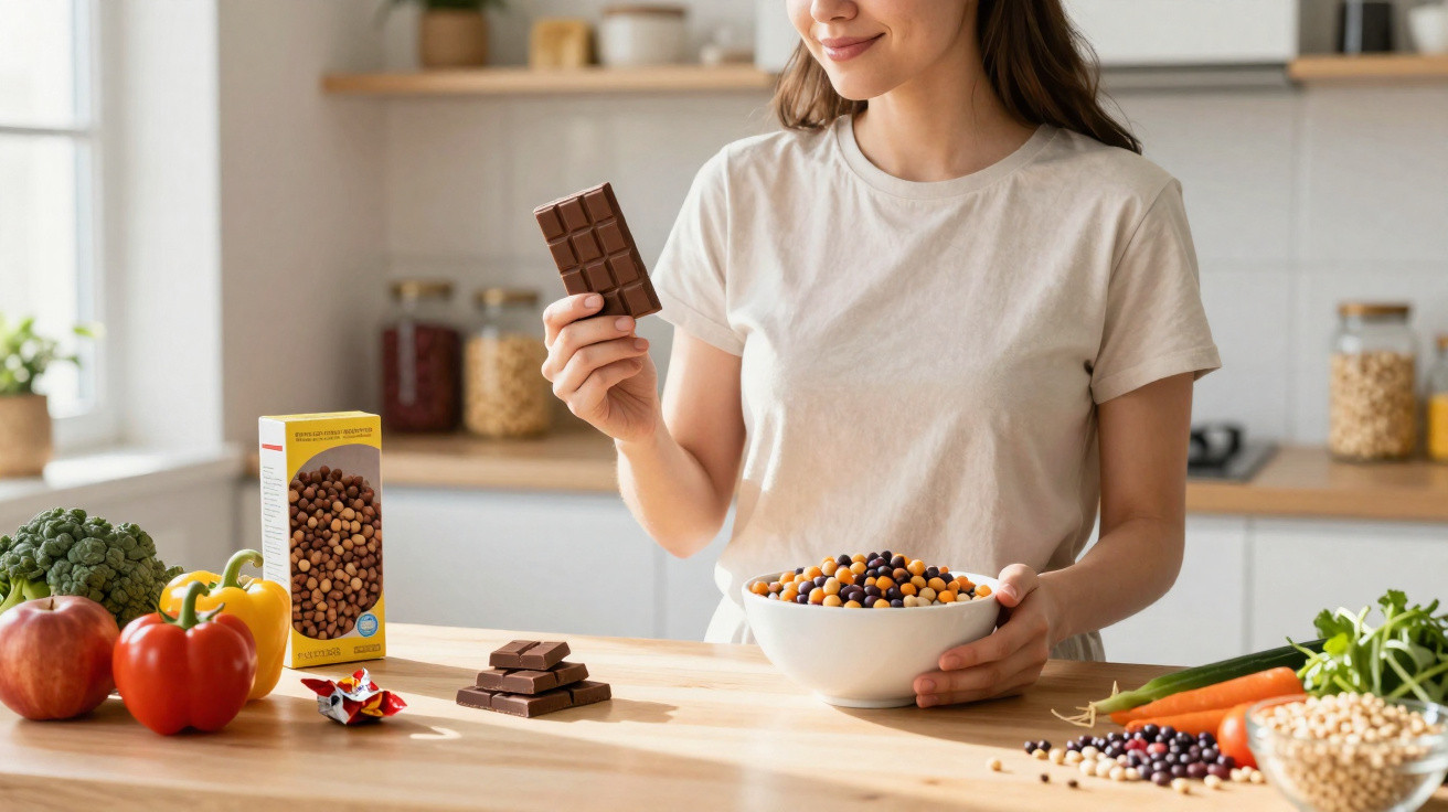 Mulher segura barra de chocolate com tigela de leguminosas numa cozinha com legumes frescos.