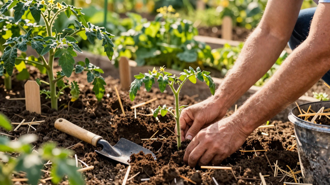 Pessoa a plantar muda de tomateiro num jardim com terra fértil e ferramentas de jardinagem.
