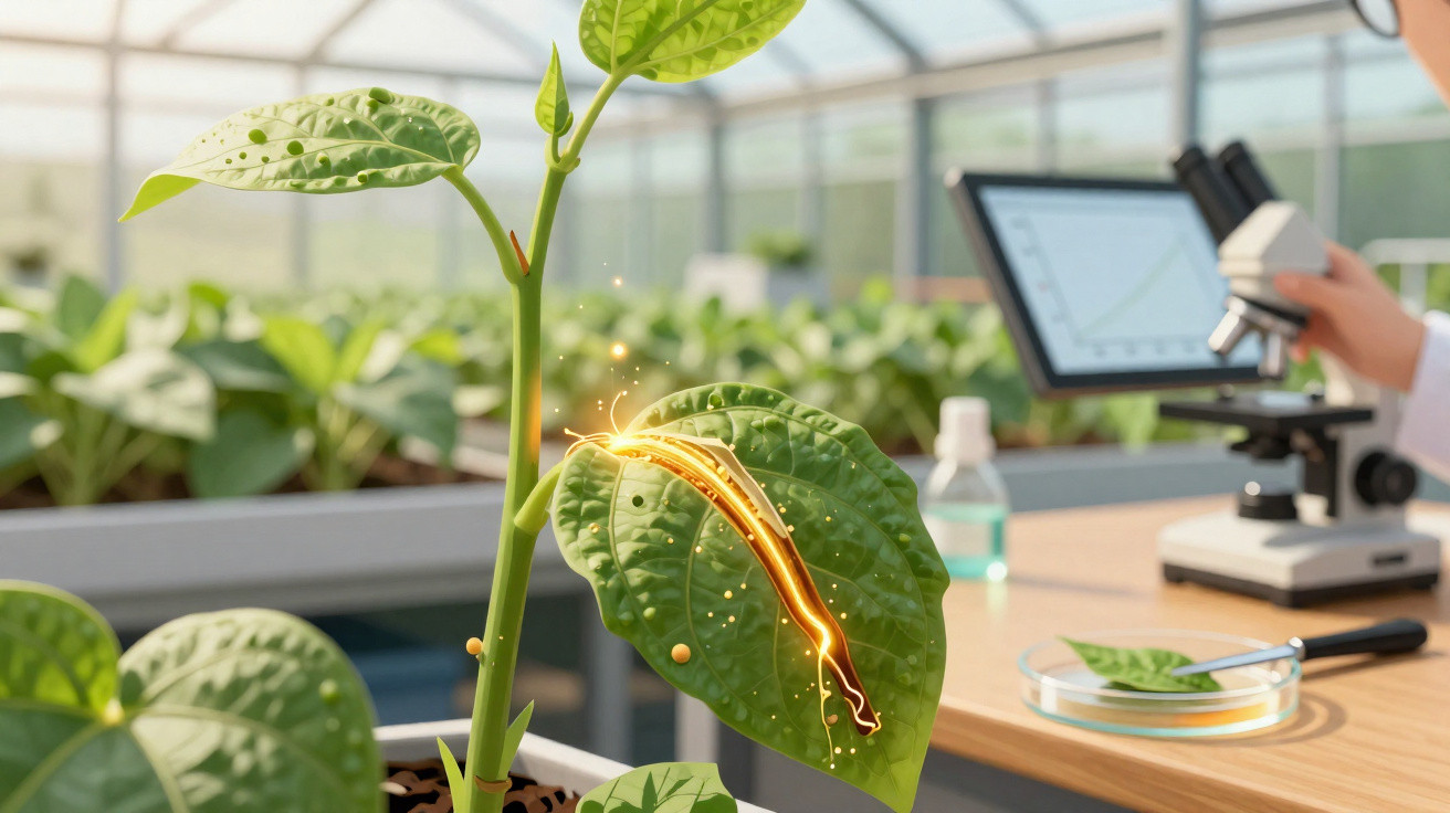 Folha de planta com sinal digital luminoso, em laboratório de investigação com microscópio e computador.