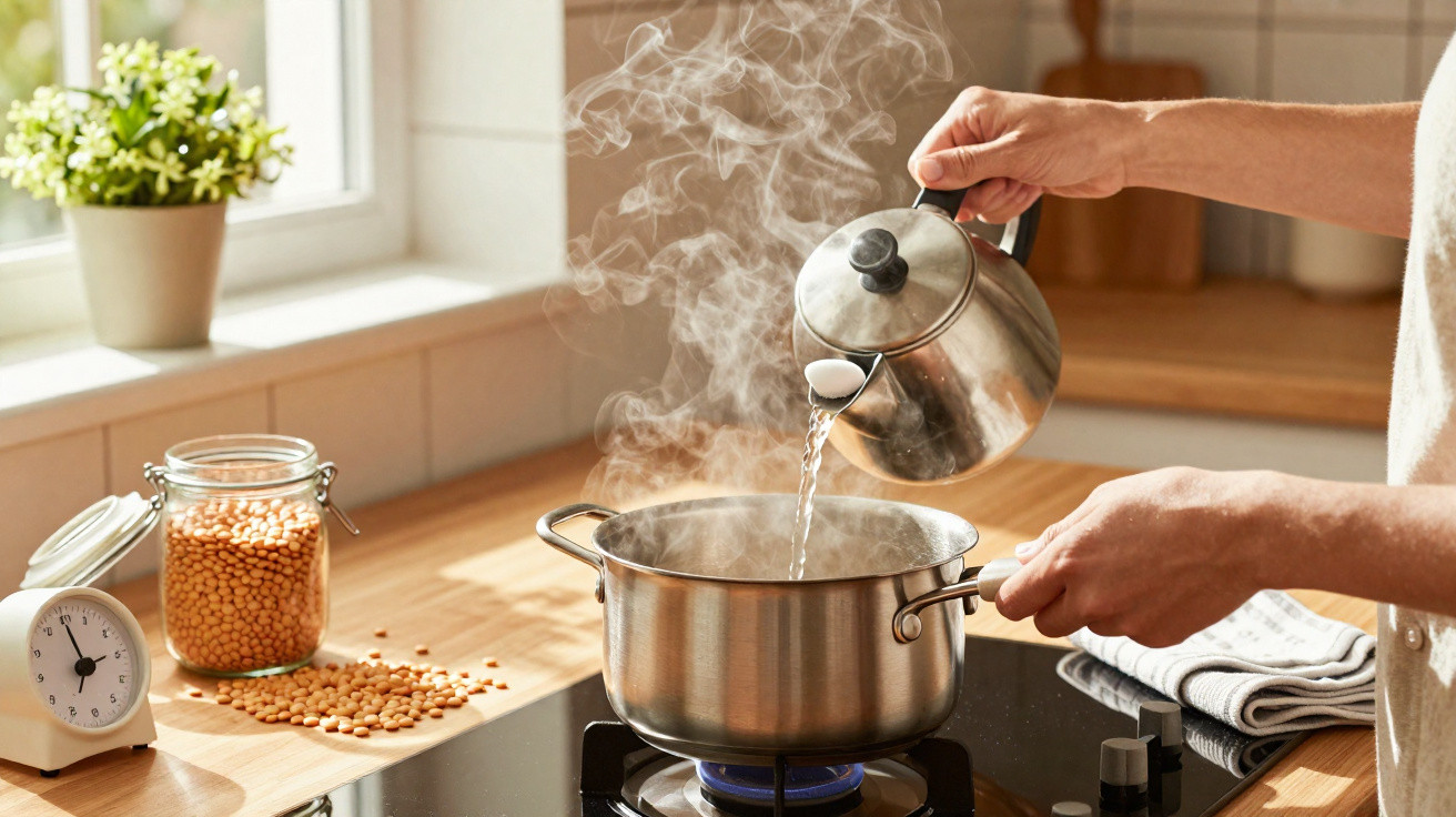 Mãos a verter água quente de um bule numa panela a ferver num fogão na cozinha iluminada.