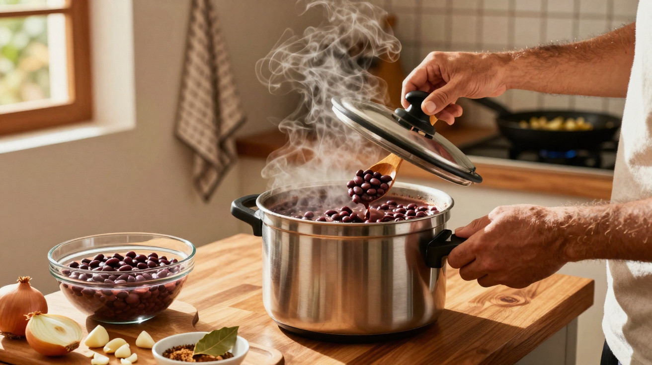 Pessoa a levantar tampa de panela a ferver com feijão, com ingredientes sobre a bancada de cozinha.