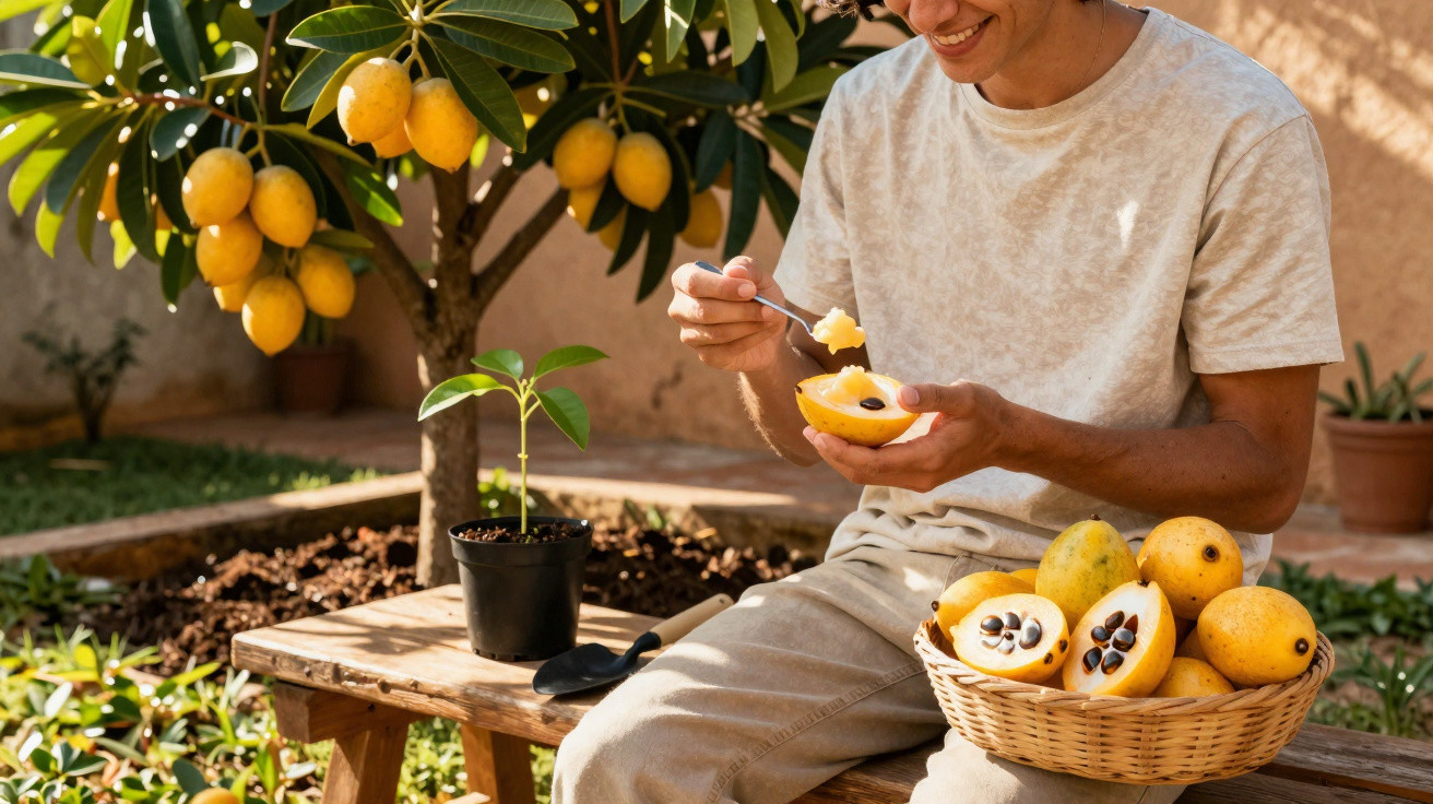 Homem sentado no jardim a comer fruta amarela com sementes, ao lado de cesta e árvore com frutos.